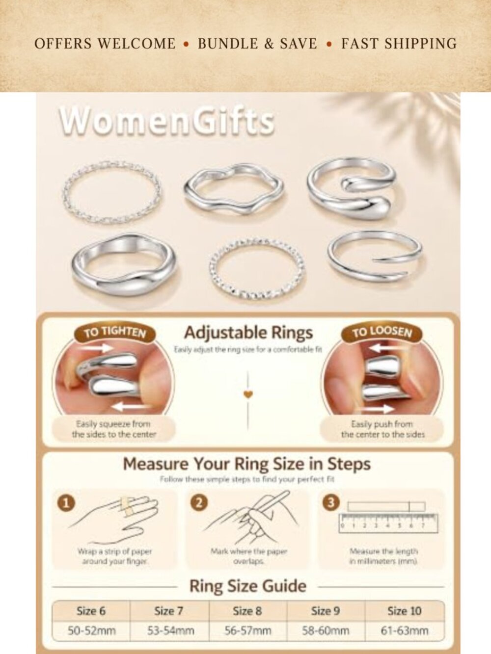 Chunky Stackable Open Ring Set Stainless Steel Silver Plated Adjustable Rings - Picture 5 of 6